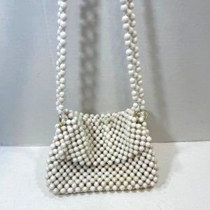 VTG White Beaded Fold Over Retro Shoulder Handbag Made in Japan 9"x6"
